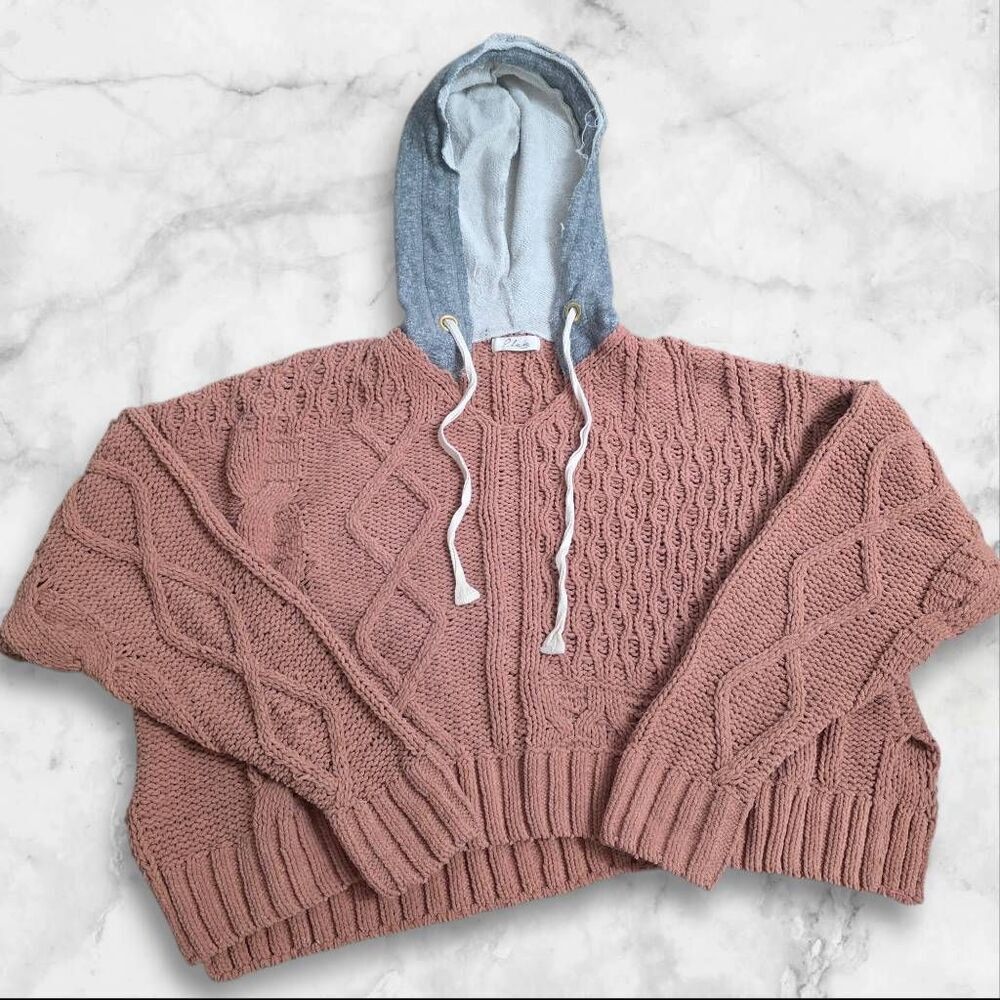 Elan Tan & Gray Chunky Knit Sweater Hoodie Size Small